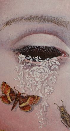 a painting of a woman's eye with moths on her lashes and in the background is a bird