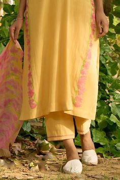 Yellow kurta with contrasting pink floral embroidered bel pattern neck and sides. Comes with embroidered hem pant and floral printed dupatta. - Aza Fashions Spring Chanderi Salwar Kameez With Embroidered Border, Spring Cotton Silk Dupatta With Embroidered Border, Summer Salwar Kameez With Embroidered Border, Semi-stitched, Traditional Salwar Kameez With Embroidered Border For Summer, Spring Chanderi Churidar With Floral Embroidery, Spring Chanderi Dupatta With Embroidered Border, Summer Embroidered Border Semi-stitched Salwar Kameez, Spring Embroidered Cotton Silk Salwar Kameez, Spring Anarkali Dupatta With Embroidered Border