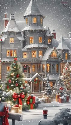 a christmas tree with presents in front of a large house covered in snow and lights