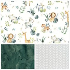 two different patterns with animals and leaves on them, one is green and the other is white