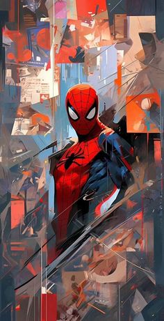 a painting of spider - man in the middle of an abstract background