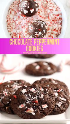 chocolate peppermint cookies on a plate with candy canes and sprinkles