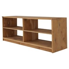 a wooden shelf with three shelves on each side