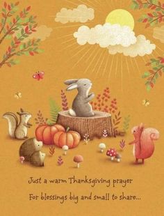 a thanksgiving card with an image of a rabbit and other animals