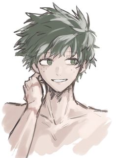 an anime character with green hair and black eyes, smiling at the camera while holding his hand up to his ear