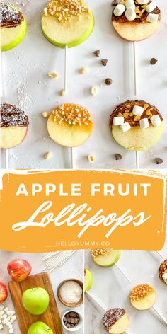 apple fruit lollipops are arranged on a white table with an orange title overlay