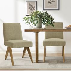 two chairs sitting at a table with a potted plant