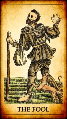 the fool tarot card with an image of a man holding a bag and a dog