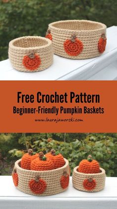 three crocheted baskets with pumpkins on them