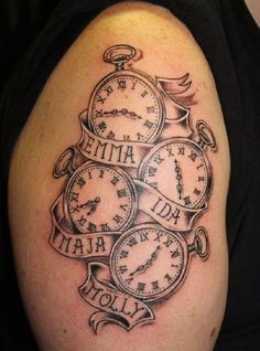 a tattoo with three clocks on it