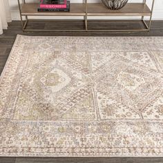 a beige rug with an intricate design on the top and bottom is in front of a white wall