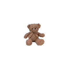 a brown teddy bear sitting up against a white background