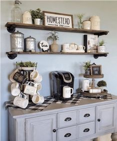 Old Dresser Coffee Bar Ideas, Ultimate Coffee Bar, Breakfast Nook Coffee Station, French Coffee Bar Ideas, Shelves Above Coffee Station, Coffee Bar Shelf Ideas Wall Shelves, Diy Farmhouse Coffee Bar, Small Coffee Nook Ideas, Decorating A Coffee Bar