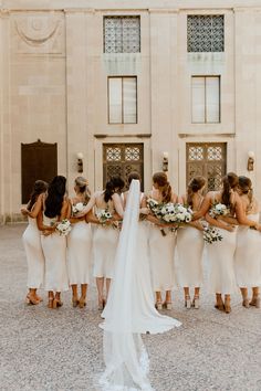 Classic Summer Bridesmaids in Ankle-Length Satin Champagne Matching Dresses Black Pillar Candles, Summer Bridesmaids, Champagne Bridesmaid, Summer Bride, Blue Napkins, Long Veil, Tall Centerpieces, Small Bouquet, Wall Backdrops