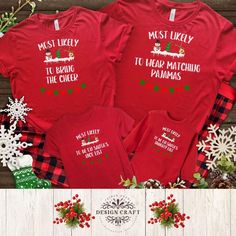 Get ready for the holiday season with our "Most Likely To" Family Christmas Shirts! With 50 hilarious sayings to choose from, there's a shirt for every family member, from toddlers to adults. Perfect for holiday parties, family photos, or cozy Christmas mornings, these fun and festive shirts add extra cheer to your holiday celebrations. Available in sizes from toddler to adult, making it easy to mix and match for everyone in the family. Made from soft, high-quality material, they are comfortable Family Matching Holiday T-shirt With Letter Print, Family Matching Letter Print Holiday Tops, Family Matching Holiday Tops With Letter Print, Letter Print Tops For Family Holiday, Family Holiday T-shirt With Letter Print, Holiday Letter Print Tops For Family, Holiday Family Letter Print Tops, Holiday Tops With Letter Print, Holiday Cotton Tops For Family Occasions