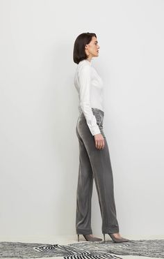 Emanate pure allure in full-length gray pants, cut from deluxe, silk-rich velvet with a touch of stretch. They offer comfort, transformative style, and opulent worldliness in equal measure. Luxury Pants, Shale Grey, Gray Pants, Velvet Pants, Stretch Velvet, Grey Pants, Fall Collections, Spring Collection, Summer Collection