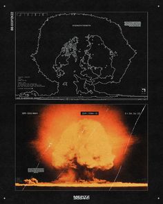 two different views of the earth from space, one showing an explosion and the other showing fire