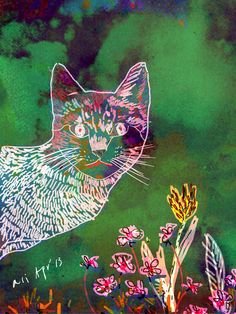 a painting of a cat sitting on top of a green field filled with pink flowers