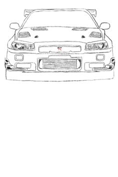 the front end of a car in black and white, with an outline of it