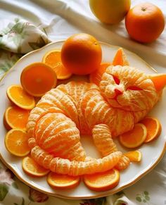 an orange cat made out of sliced oranges on a plate next to some tangerines