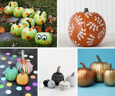 four different pumpkins with painted faces and designs on them, including one in the shape of a caterpillar