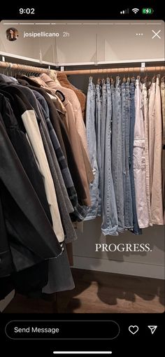 an image of clothes hanging on racks in a closet with the caption progress send message