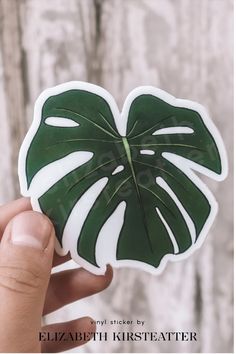 a person holding up a green leaf sticker