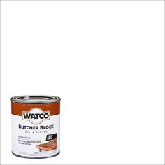 a can of butter block paint sitting on top of a white surface with the words, watco butcher block