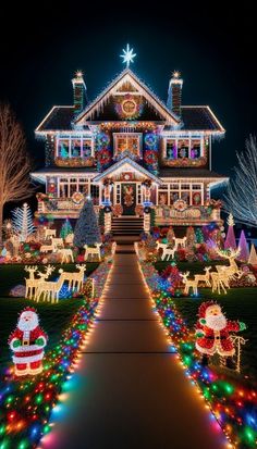 a large house covered in christmas lights and decorations