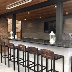 a bar with four stools and a television on the wall