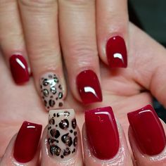 Red Nails With Cheetah Print, Three Color Nails, Red Cheetah Nails, Red Black Nails, Feather Nails, Cute Nail Colors