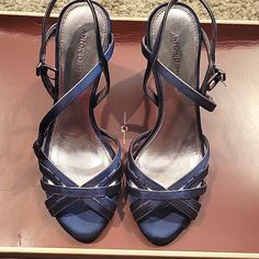 Size 8.5 Never Worn Blue And Silver Blue Almond Toe Sandals For Formal Occasions, Formal Blue Almond Toe Sandals, Silver Almond Toe Sandals With 4-inch Heel, Rhinestone Jeans, Heels Blue, Cute Heels, Antonio Melani, Heart Eyes, Dream Wardrobe