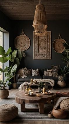 a living room filled with lots of furniture and plants on top of a wooden table