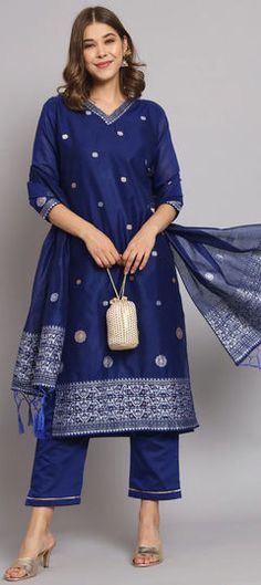 Blue color Salwar Kameez in Silk cotton fabric with Weaving work Party Wear Salwar Kameez, Party Wear Salwar, Reception Lehenga, Engagement Reception, Frock Design, Waist Chain, Indigo Blue, Salwar Kameez, Blue Fashion