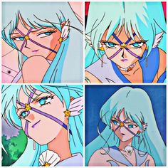 four different images of an anime character with blue hair and piercings on their ears