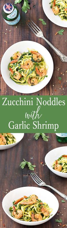 zucchini noodles with garlic and shrimp in a white bowl on a wooden table