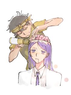 two people with purple hair and one is cutting another person's hair in front of him