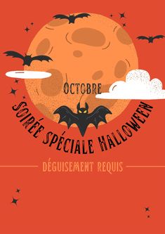 an orange halloween poster with bats flying over it and the moon in the sky above