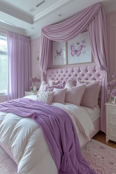 a bedroom decorated in lavender and white