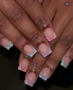 Short Square Pink French Tip Nails, Unique Pink French Tip Nails, Pink And Blue French Tip Nails Short, Overlay Nail Designs, Different Shade Pink French Tip Nails, Cute Short Nail Sets Pink French, Overlay Nail Ideas, Cute Overlay Nails, Square Medium Nails