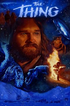 the thing movie poster with a man holding a fire in his hand and an alien flying above