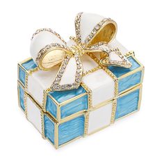 a blue and white box with a bow on it