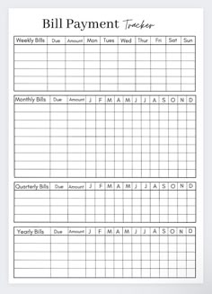 a printable bill payment tracker is shown in black and white, with the words'bill