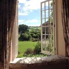 an open window overlooking a lush green field