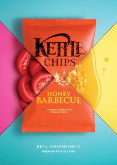 a packet of honey barbeque sits on a multi - colored background with the words ketchup chips