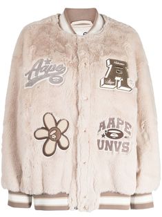 light beige faux-fur detail embroidered logo to the front logo patches to the front band collar front press-stud fastening long sleeves ribbed cuffs and hem Trendy Long Sleeve Outerwear With Logo Patch, Bathing Ape, A Bathing Ape, Band Collar, Light Beige, Outerwear Jackets, Size Clothing, Patch Logo, Varsity Jacket