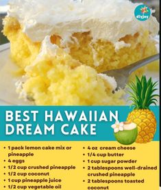 the best hawaiian dream cake recipe is in this postcard style poster, with instructions for how to make it