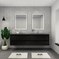 a bathroom with two sinks, mirrors and rugs in front of the bathtub