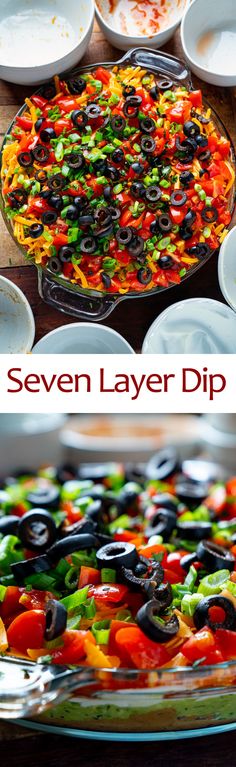 the seven layer dip is ready to be served in the oven and on the table