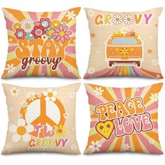 three pillows with different designs on them and the words grooy, peace, and hippie